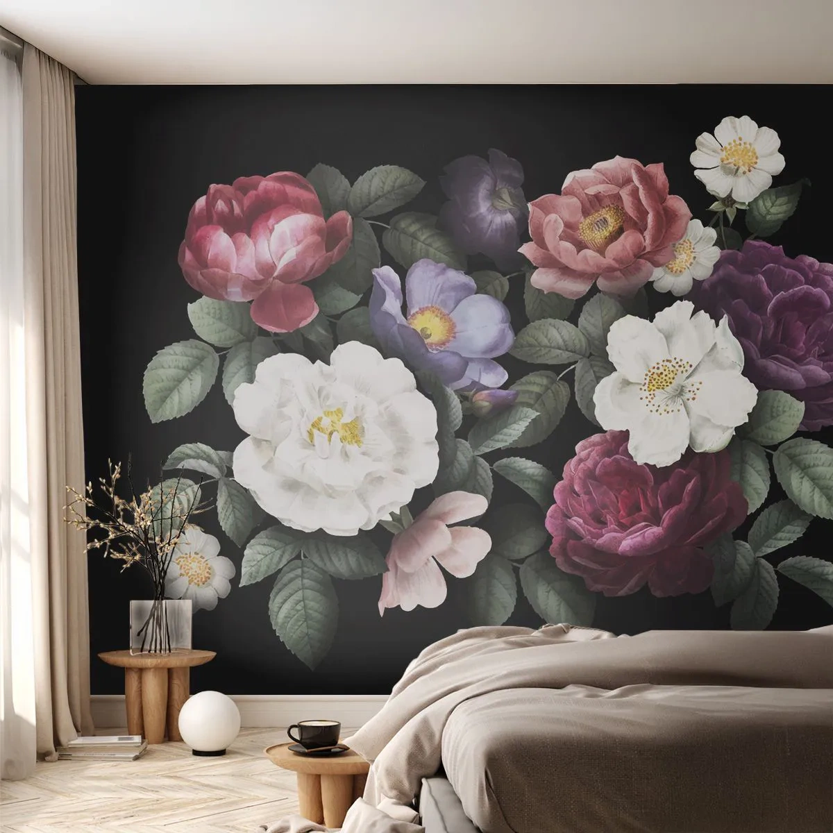 Fototapeta Premium Sand - Kompozycja różnobarwnych kwiatów na czarnym tle - 100x70cm - Z angielskiego ogrodu - Nowoczesna dekoracja ścienna do salonu, kuchni i sypialni ARTTOR