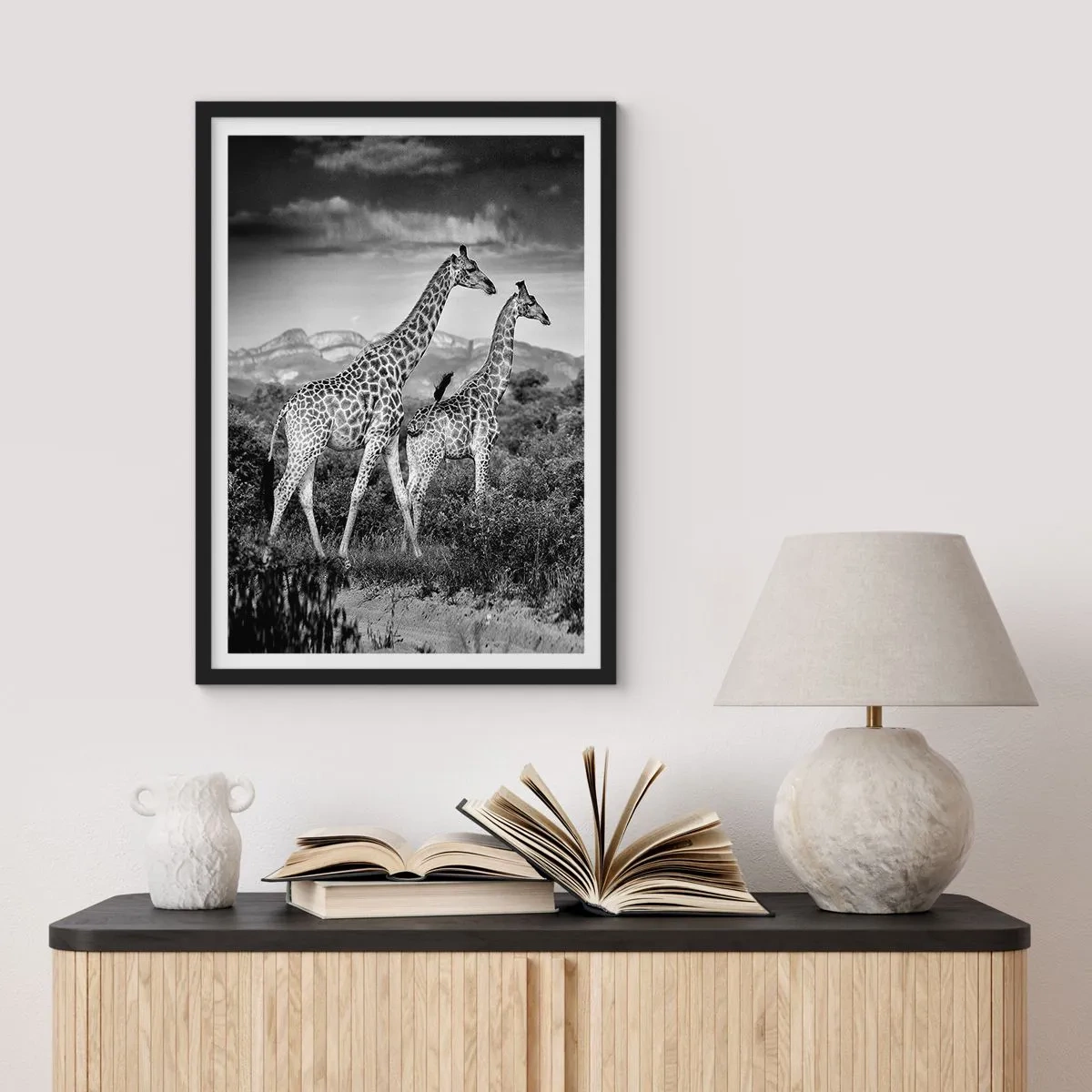 Plakat w czarnej ramie - Czarno-biały portret żyraf na tle afrykańskiego krajobrazu - 50x70cm - Wyższe sfery w Afryce - Nowoczesna dekoracja ścienna do salonu i sypialni ARTTOR