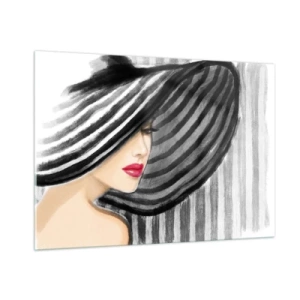 Obraz na szkle - Stylowa kobieta w kapeluszu w biało-czarne paski - 100x70cm - Gdzie ciebie szukać? - Nowoczesna dekoracja ścienna do salonu, kuchni i sypialni ARTTOR
