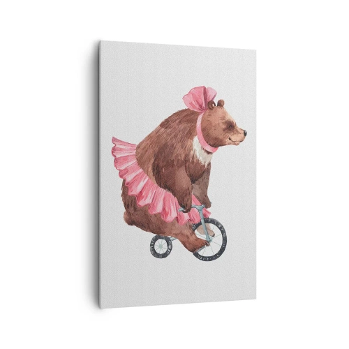 Obraz na płótnie - Miś w różowej spódniczce na rowerku w stylu retro - 80x120cm - Ale cyrk! - Nowoczesna dekoracja ścienna do salonu i sypialni ARTTOR