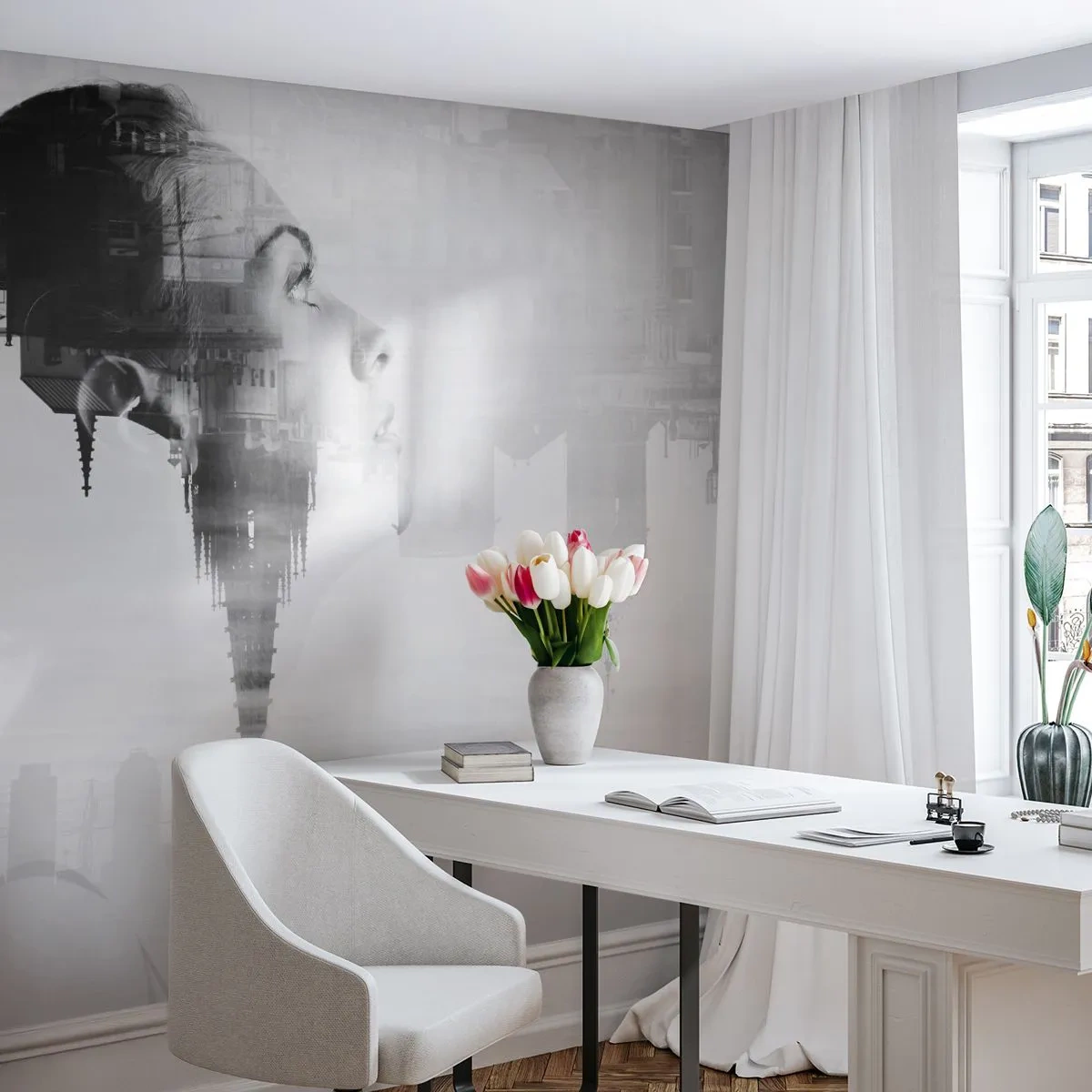 Fototapeta Standard Eco - Po dwóch stronach szyby - Abstrakcja, Twarz Kobiety, Architektura - 350x256 cm