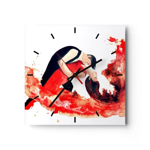 Zegar ścienny - Dynamiczna akwarela tańczącej pary w czerwonych barwach - 30x30cm - Tango - zmysłowa fala - Nowoczesna dekoracja ścienna do salonu i sypialni ARTTOR