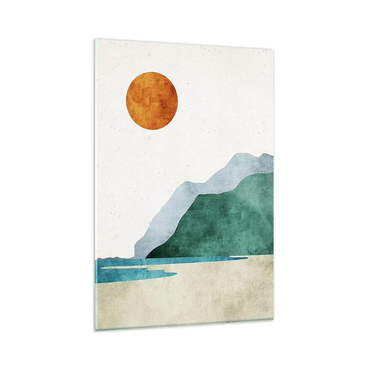 Obraz na szkle - Minimalistyczny krajobraz górski z plażą i słońcem - 80x120cm - Pejzaż jak należy - Nowoczesna dekoracja ścienna do salonu i sypialni ARTTOR