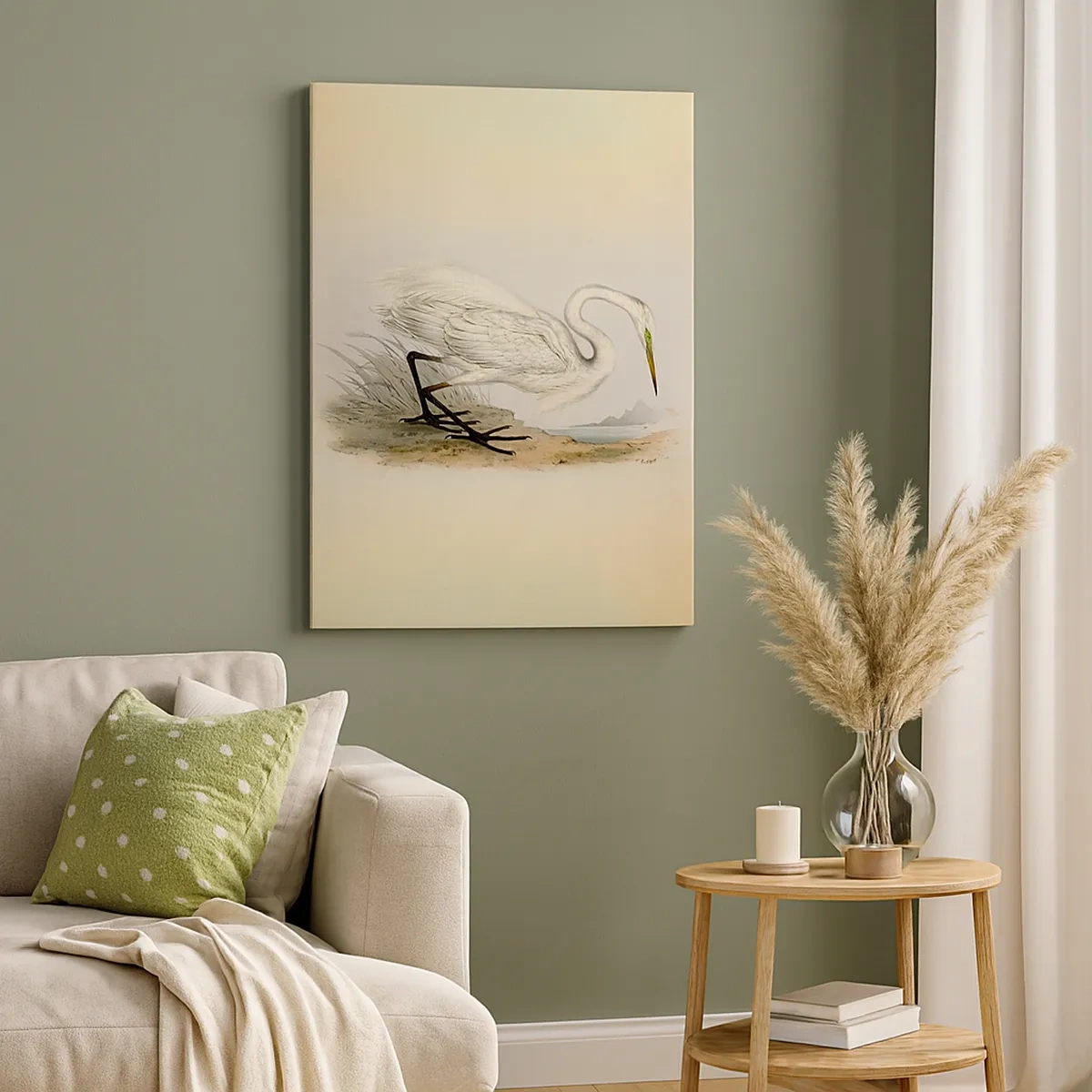 Obraz na płótnie - Biała czapla na brzegu w stylu vintage - 50x70cm - Pani na szuwarach - Nowoczesna dekoracja ścienna do salonu, kuchni i sypialni ARTTOR