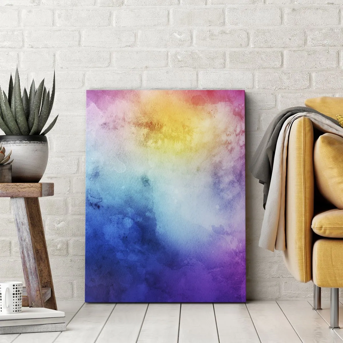 Obraz na płótnie - Abstrakcyjna akwarela z gradientem kolorów od żółci po błękit - 50x70cm - Prawie w siódmym niebie - Nowoczesna dekoracja ścienna do salonu, kuchni i sypialni ARTTOR