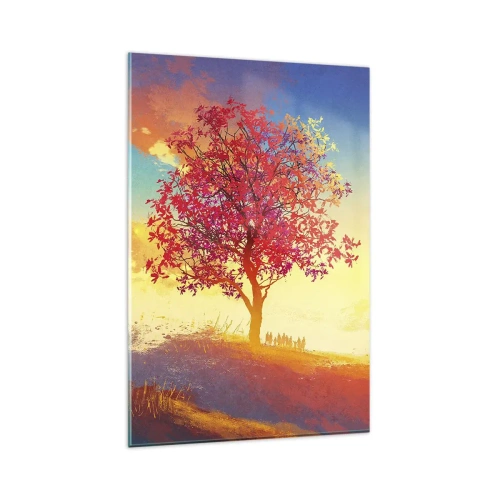 Obraz na szkle - Postać na wzgórzu obok kolorowego drzewa w świetle zachodzącego słońca - 80x120cm - Pielgrzym u celu - Nowoczesna dekoracja ścienna do salonu i sypialni ARTTOR