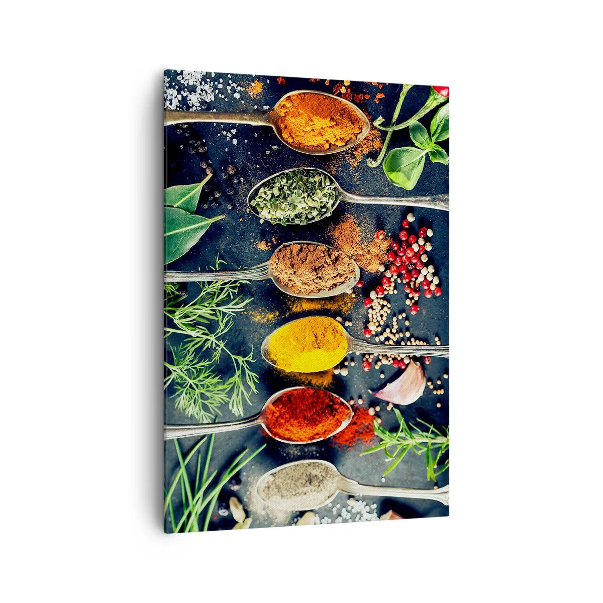 Obraz na płótnie - Kolorowe przyprawy na łyżkach z ziołami w tle - 70x100cm - Kulinarna magia - Nowoczesna dekoracja ścienna do salonu i sypialni ARTTOR