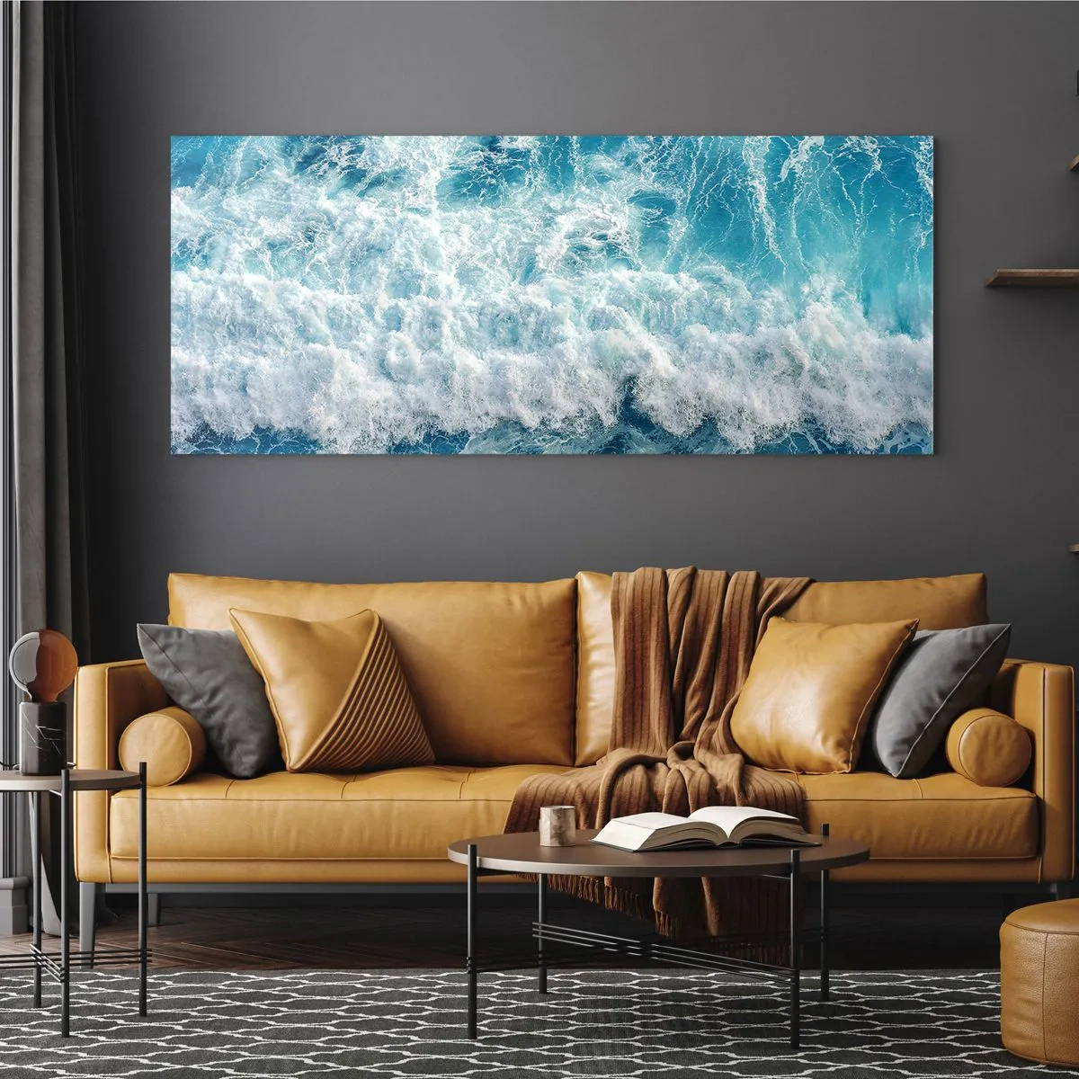 Obraz na szkle - Dynamiczne fale oceanu w odcieniach błękitu - 120x50cm - Radośnie i w podskokach - Nowoczesna dekoracja ścienna do salonu i sypialni ARTTOR