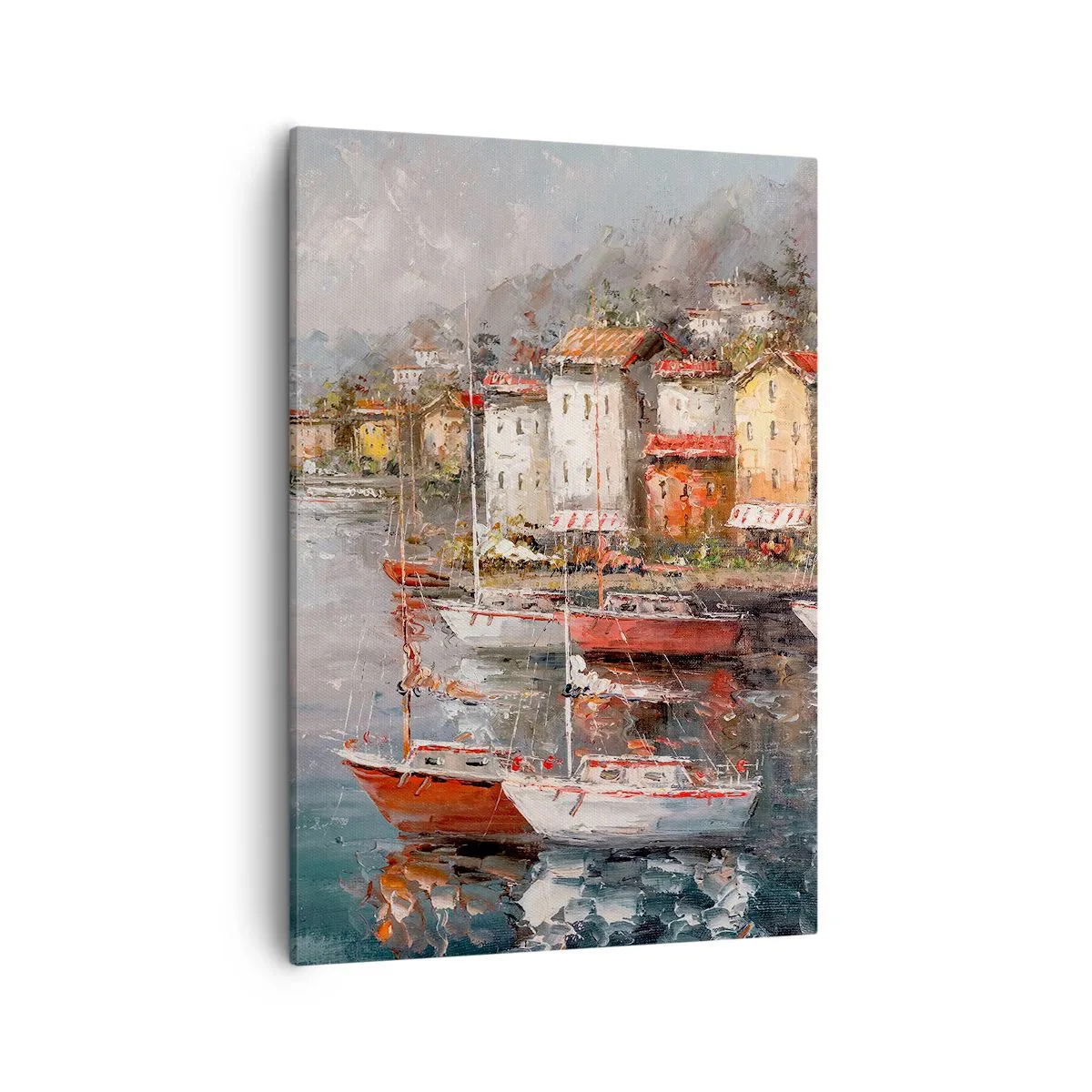 Obraz na płótnie - Przystań z jachtami i kolorowymi domami na tle gór - 50x70cm - Romantyczna przystań - Nowoczesna dekoracja ścienna do salonu, kuchni i sypialni ARTTOR