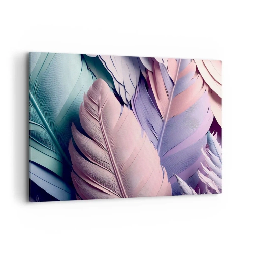 Obraz na płótnie - Kolorowe pióra w pastelowych odcieniach na jasnym tle - 100x70cm - Ptasi szyk - Nowoczesna dekoracja ścienna do salonu, kuchni i sypialni ARTTOR