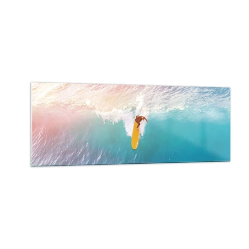 Obraz na szkle - Surfer na fali w pastelowych kolorach - 140x50cm - Oceaniczny jeździec - Nowoczesna dekoracja ścienna do salonu i sypialni ARTTOR