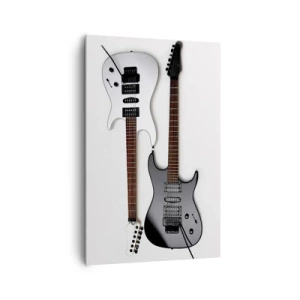 Obraz na płótnie - Dwie elektryczne gitary w czarno-białych kolorach na jasnym tle. - 80x120cm - Harmonia kształtów - Nowoczesna dekoracja ścienna do salonu i sypialni ARTTOR