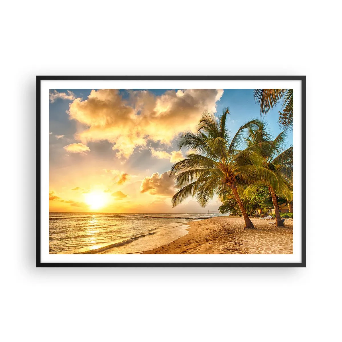 Plakat w czarnej ramie - Plaża z palmami i zachodem słońca nad oceanem - 100x70cm - Wieczne lato, zawsze wakacje - Nowoczesna dekoracja ścienna do salonu i sypialni ARTTOR