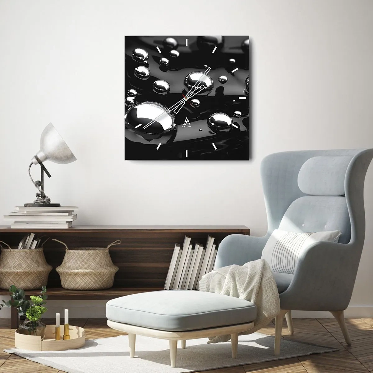 Zegar ścienny - Abstrakcyjne krople na czarnej powierzchni - 30x30cm - Z czarnej toni - Nowoczesna dekoracja ścienna do salonu i sypialni ARTTOR