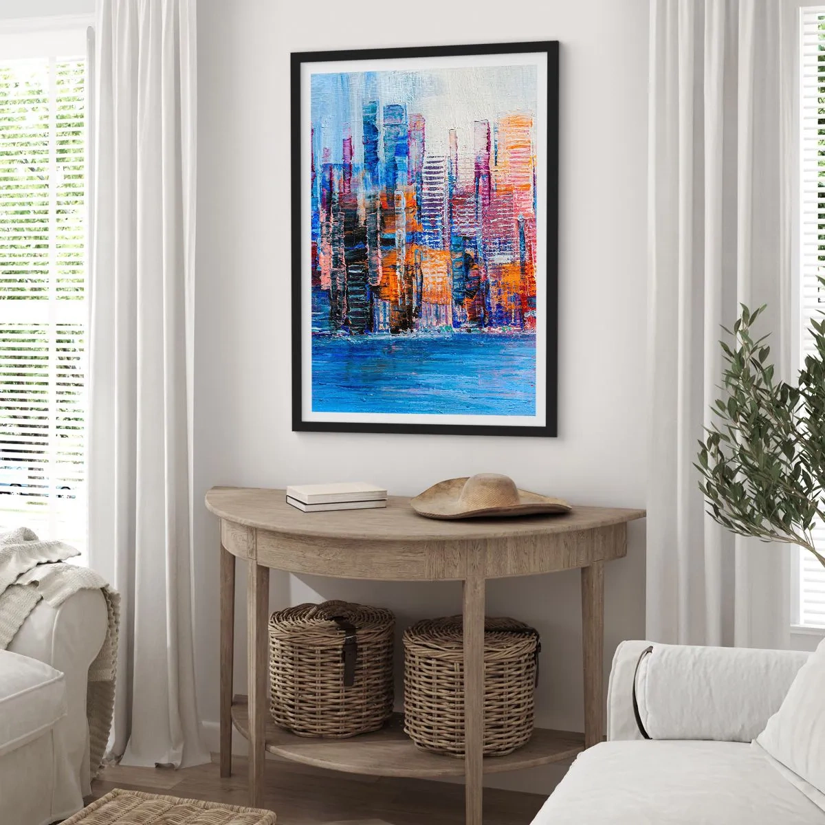 Plakat w czarnej ramie - Abstrakcyjna panorama miasta w intensywnych barwach - 50x70cm - Radosna metropolia - Nowoczesna dekoracja ścienna do salonu i sypialni ARTTOR