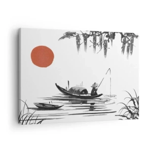 Obraz na płótnie - Orientalny krajobraz z rybakiem na łodzi i czerwonym słońcem - 70x50cm - Azjatyckie popołudnie - Nowoczesna dekoracja ścienna do salonu i sypialni ARTTOR