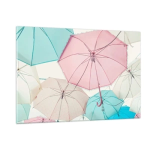 Obraz na szkle - Kolorowe parasole unoszące się w powietrzu - 120x80cm - Czasem słońce, czasem deszcz - Nowoczesna dekoracja ścienna do salonu, kuchni i sypialni ARTTOR