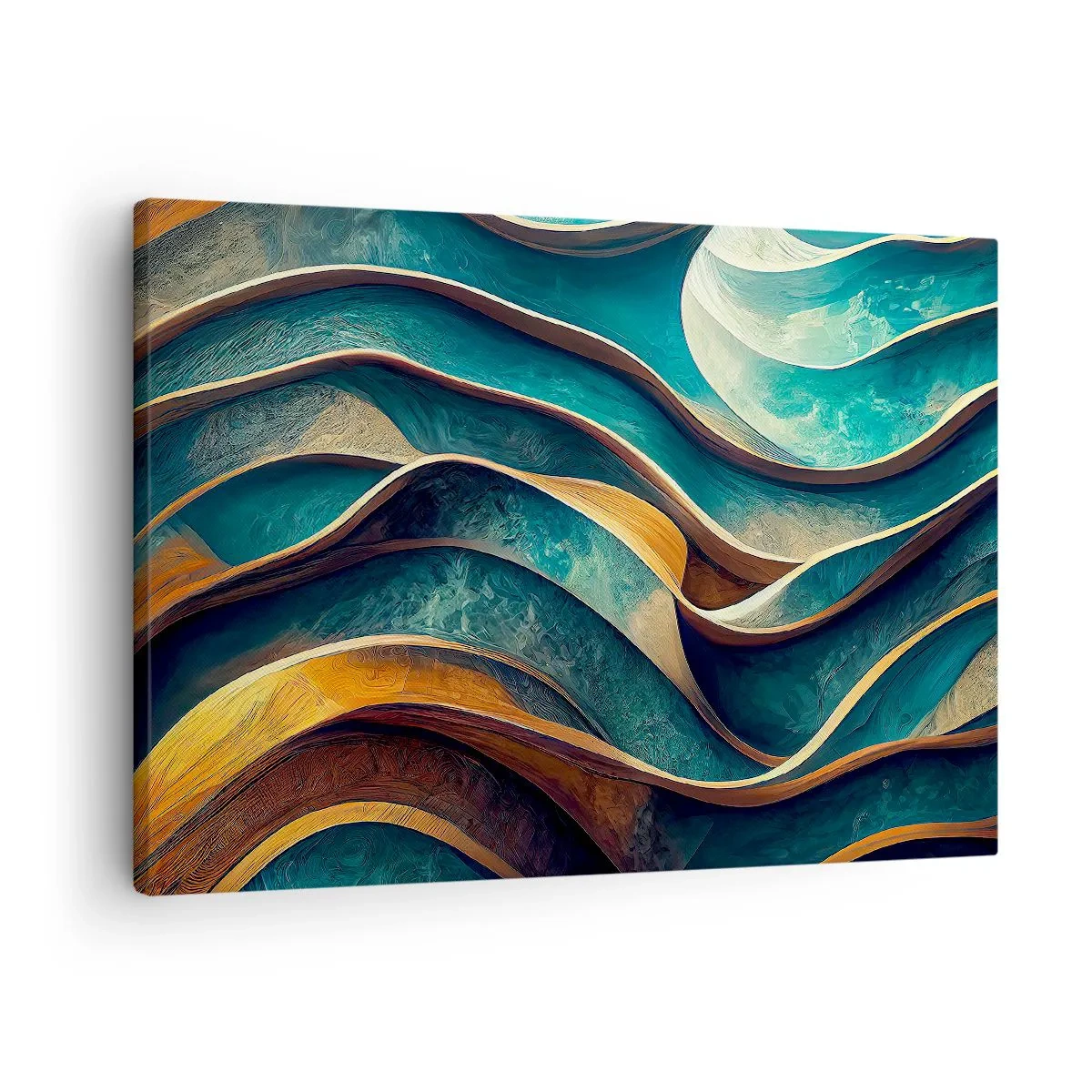 Obraz na płótnie - Abstrakcyjne fale w odcieniach turkusu i złota - 70x50cm - Meandry błękitu - Nowoczesna dekoracja ścienna do salonu i sypialni ARTTOR