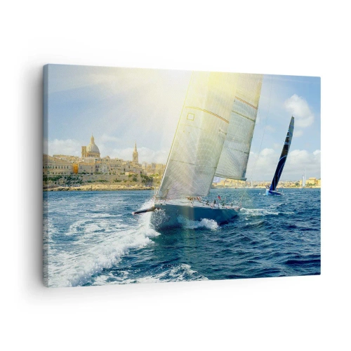 Obraz na płótnie - Wyścig jachtów na tle słonecznego wybrzeża - 70x50cm - Pora opuścić miasto - Nowoczesna dekoracja ścienna do salonu i sypialni ARTTOR