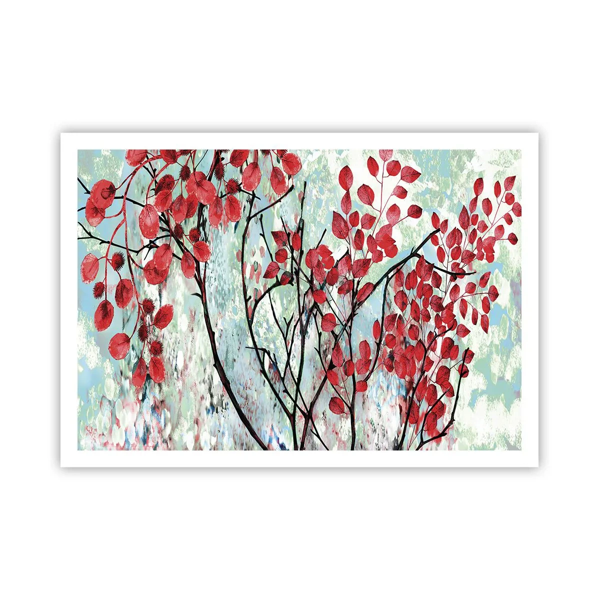 Plakat - Czerwone liście na tle jasnego nieba z abstrakcyjnymi wzorami - 100x70cm - Drzewo w szkarłacie - Nowoczesna dekoracja ścienna do salonu i sypialni ARTTOR