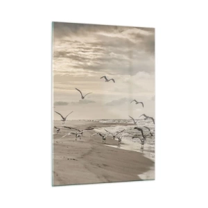 Obraz na szkle - Ptaki nad brzegiem morza o świcie w odcieniach sepii - 50x70cm - Morza szum, ptaków śpiew - Nowoczesna dekoracja ścienna do salonu, kuchni i sypialni ARTTOR