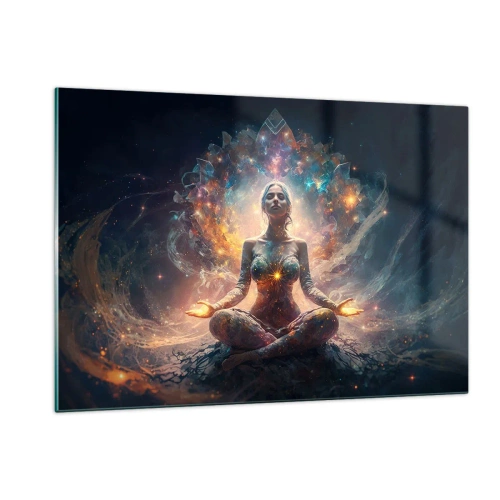 Obraz na szkle - Medytująca kobieta w świetlnej aurze energii i barw - 120x80cm - Przepływ dobrej energii - Nowoczesna dekoracja ścienna do salonu, kuchni i sypialni ARTTOR