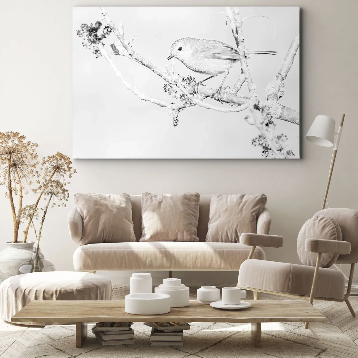 Obraz na płótnie - Ptak na gałęzi w czerni i bieli z minimalistycznym stylem - 100x70cm - Zimowy poranek - Nowoczesna dekoracja ścienna do salonu, kuchni i sypialni ARTTOR