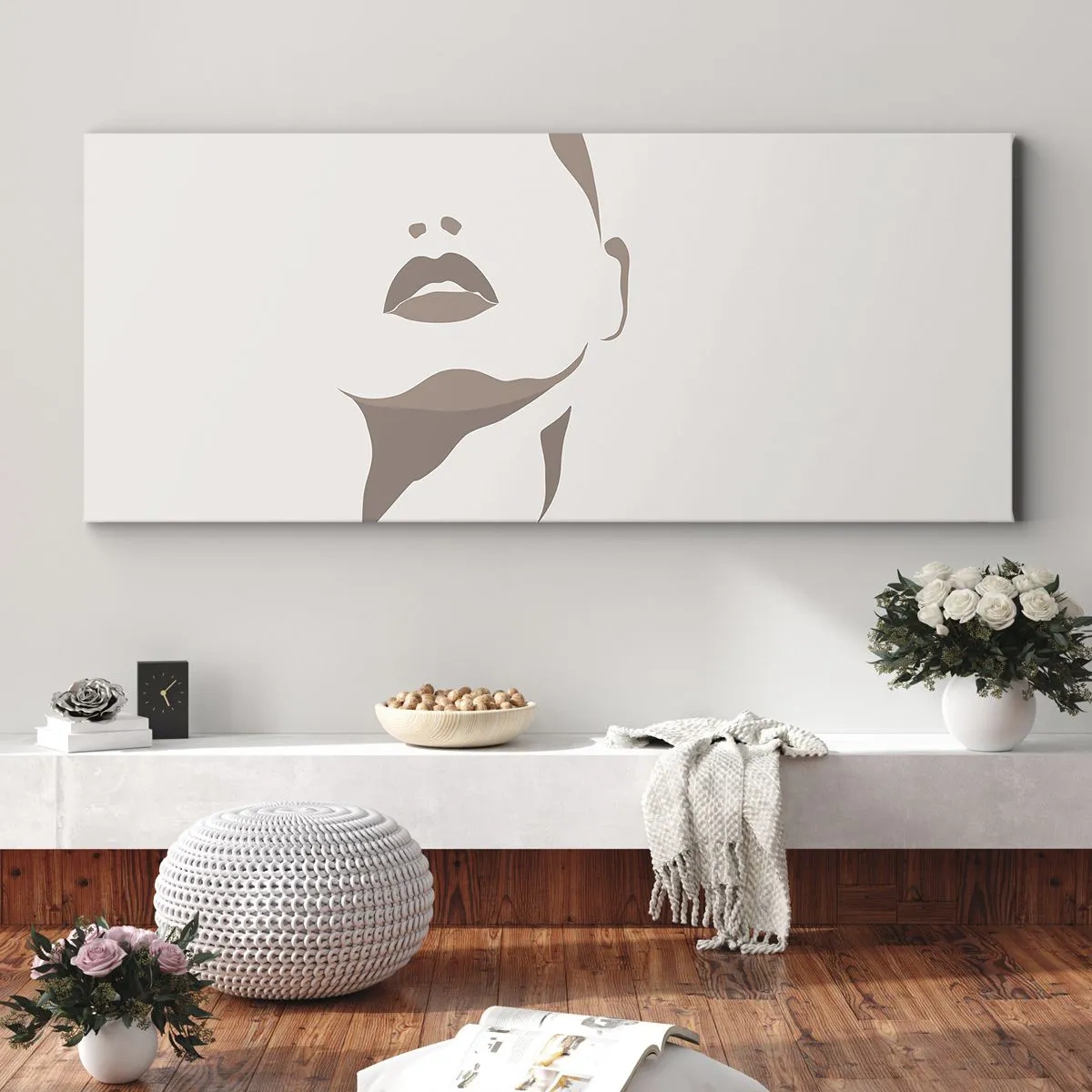 Obraz na płótnie - Minimalistyczny kontur kobiecej twarzy w delikatnych beżach - 160x50cm - Stworzona ze światła i cienia - Nowoczesna dekoracja ścienna do salonu i sypialni ARTTOR