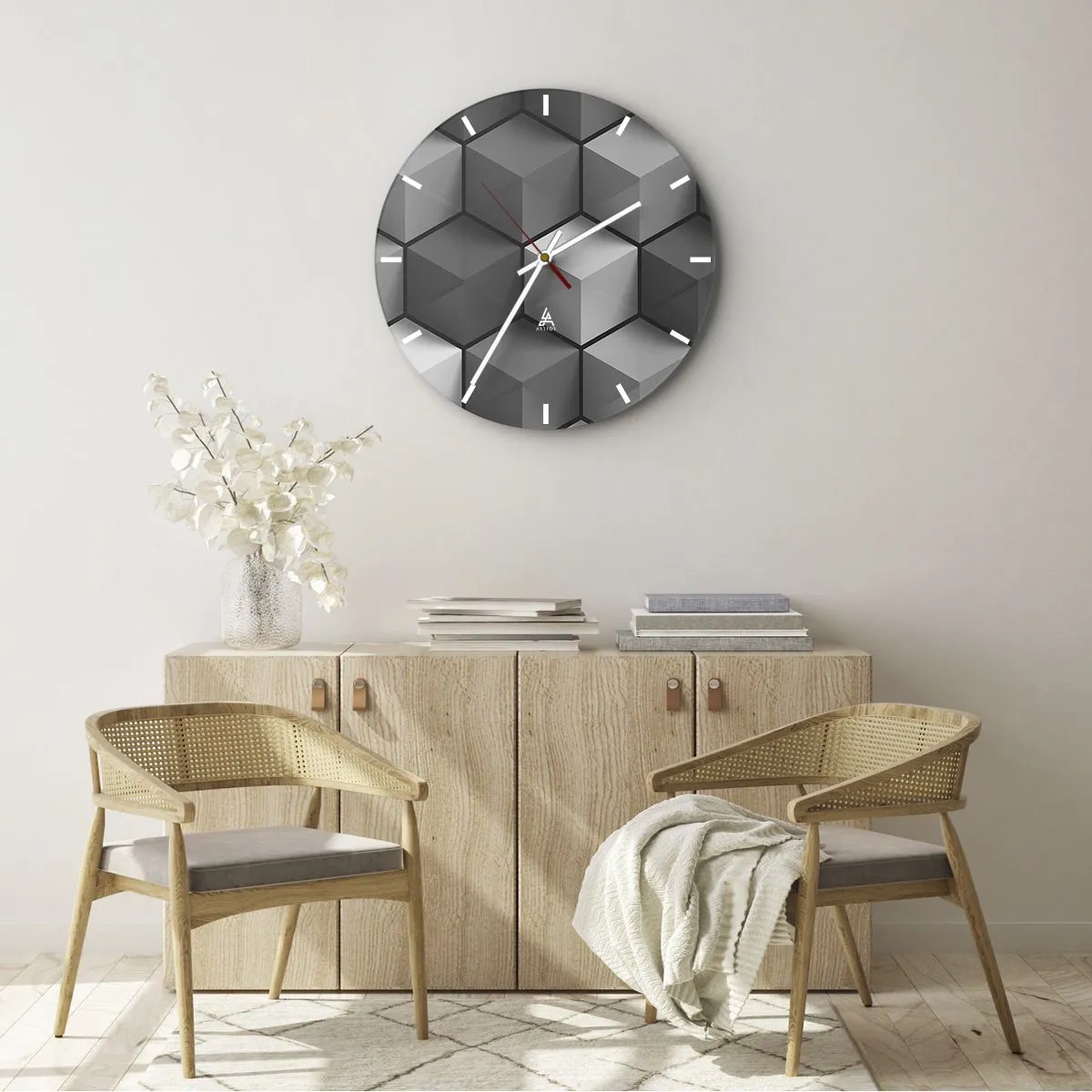 Zegar ścienny - Sześcienne figury 3D w geometrycznym układzie - 30x30cm - Kubistyczna układanka - Nowoczesna dekoracja ścienna do salonu, kuchni i sypialni ARTTOR