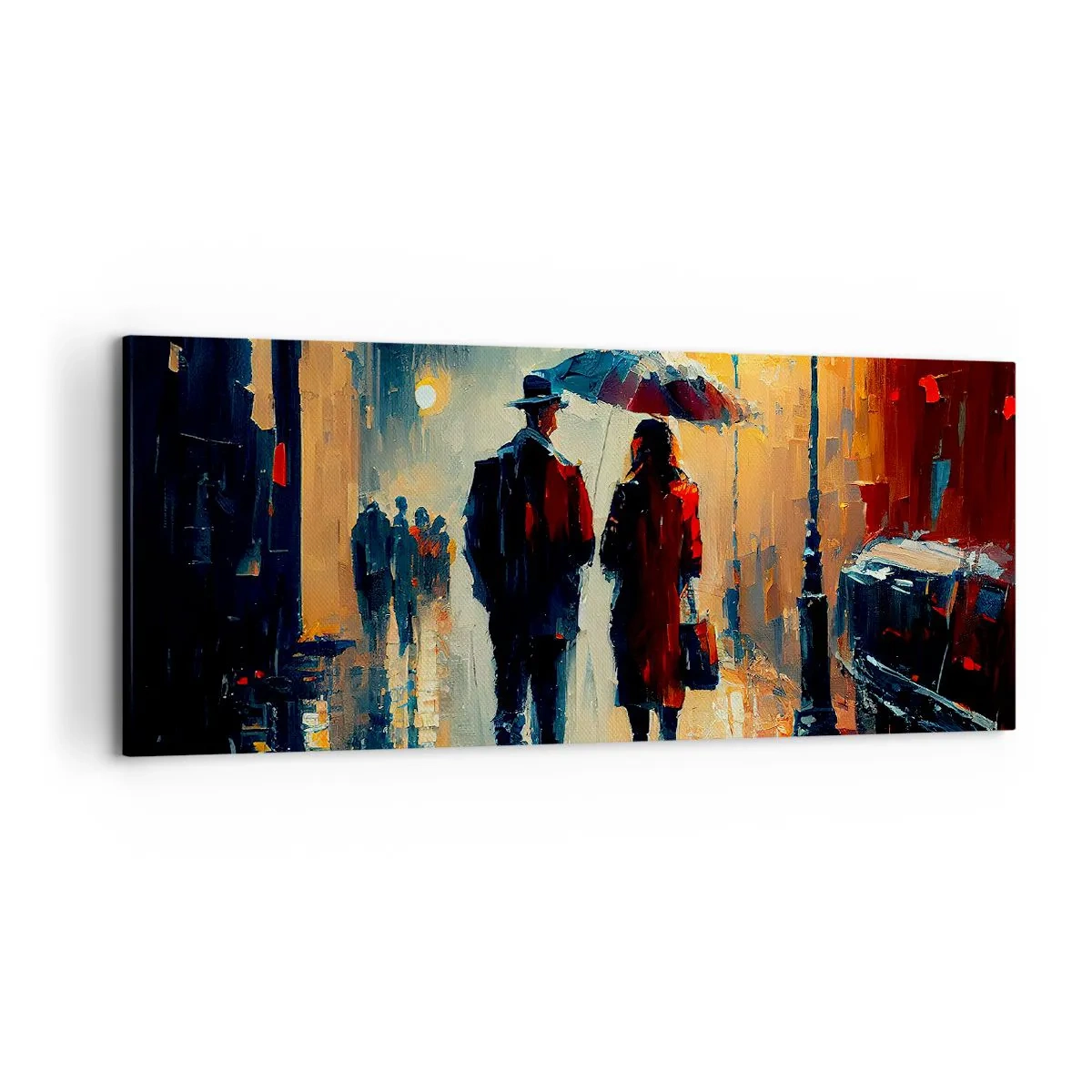 Obraz na płótnie - Spacer w deszczu pod parasolem w mieście nocą - 120x50cm - Miejska love story - Nowoczesna dekoracja ścienna do salonu i sypialni ARTTOR