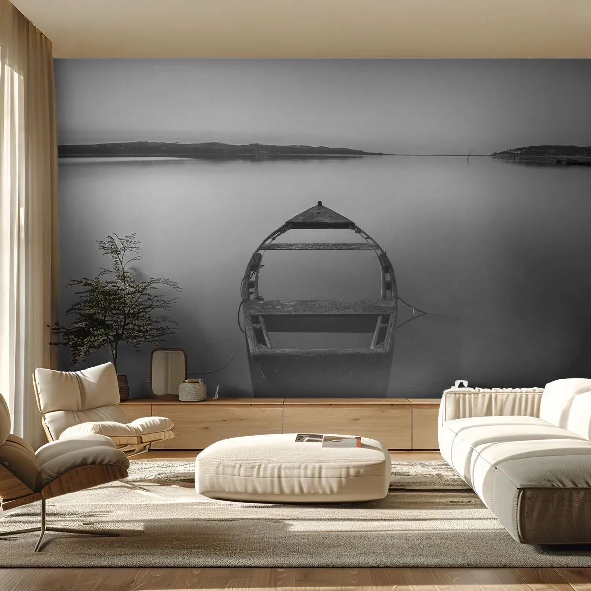Fototapeta Premium Sand - Opuszczona łódź na spokojnej tafli jeziora w odcieniach szarości - 100x70cm - Tęsknota i melancholia - Nowoczesna dekoracja ścienna do salonu, kuchni i sypialni ARTTOR