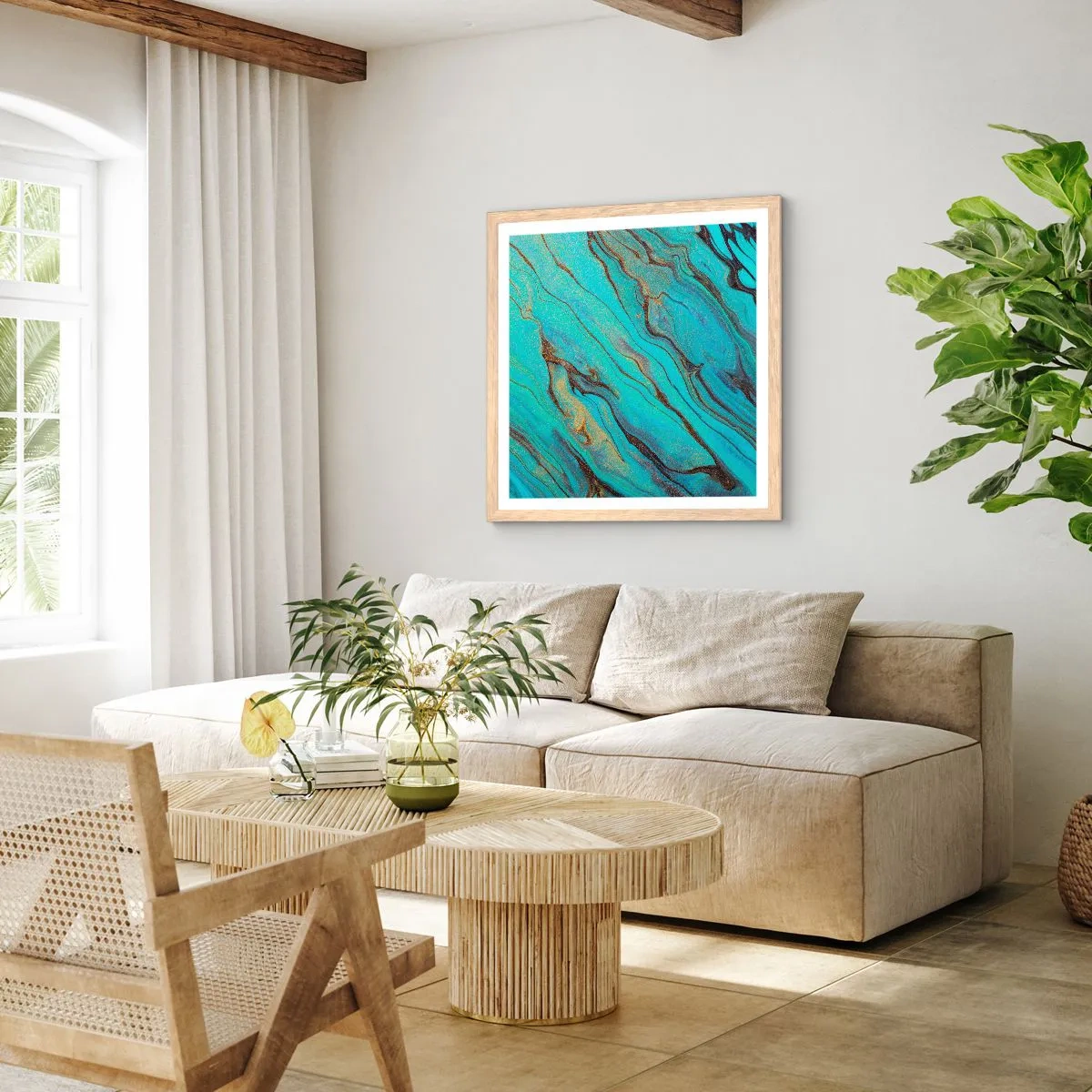 Plakat w ramie jasny dąb - Turkusowy przypływ - 40x40 cm