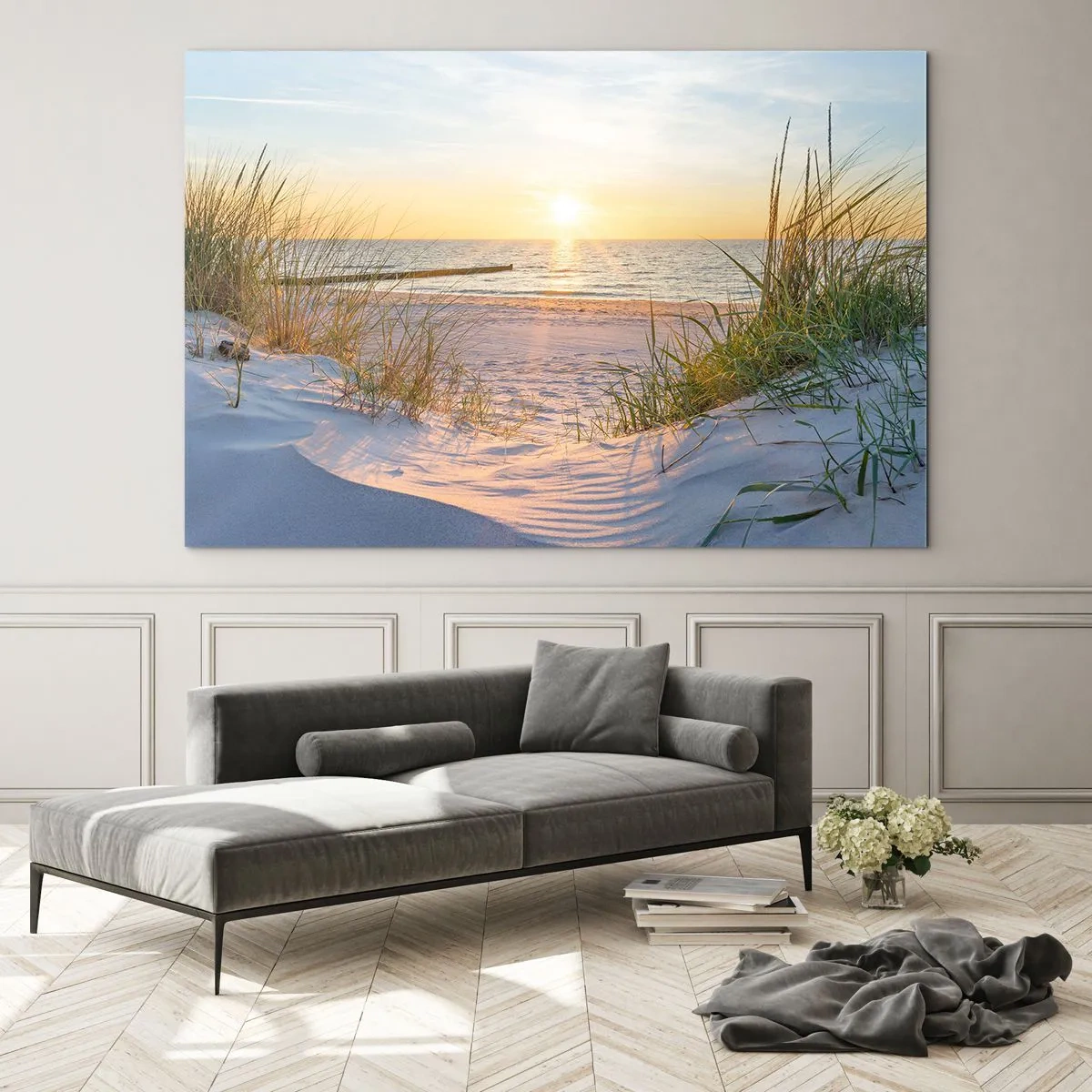 Obraz na szkle - Plaża o zachodzie słońca z widokiem na morze i trawy wydmowe - 70x50cm - Morza szum, ptaków śpiew, dzika plaża pośród traw… - Nowoczesna dekoracja ścienna do salonu i sypialni ARTTOR