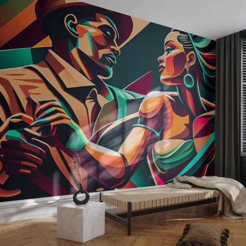 Fototapeta Premium Canvas - Stylizowana para tańcząca w żywych, geometrycznych barwach - 100x70cm - W rytmie serca - Nowoczesna dekoracja ścienna do salonu i sypialni ARTTOR