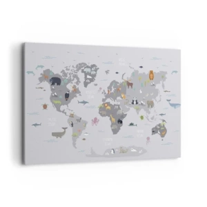 Obraz na płótnie - Mapa świata z ilustracjami zwierząt na szarym tle - 100x70cm - Powiedz mi, skąd jesteś… - Nowoczesna dekoracja ścienna do salonu, kuchni i sypialni ARTTOR