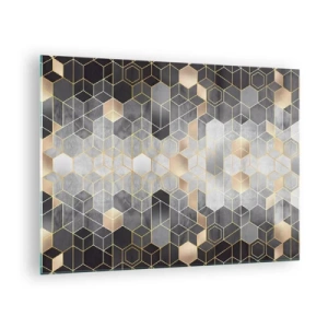 Obraz na szkle - Geometryczny wzór z heksagonów w złotych liniach - 70x50cm - Diamentowa kompozycja - Nowoczesna dekoracja ścienna do salonu i sypialni ARTTOR