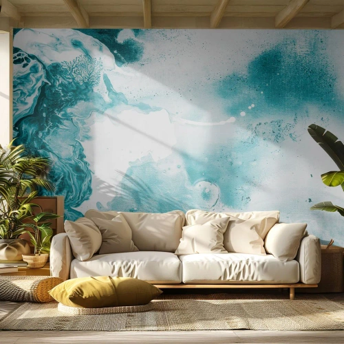 Fototapeta Standard Eco - Abstrakcyjna akwarela w odcieniach turkusu i bieli - 100x70cm - Rozlewiska błękitu - Nowoczesna dekoracja ścienna do salonu i sypialni ARTTOR