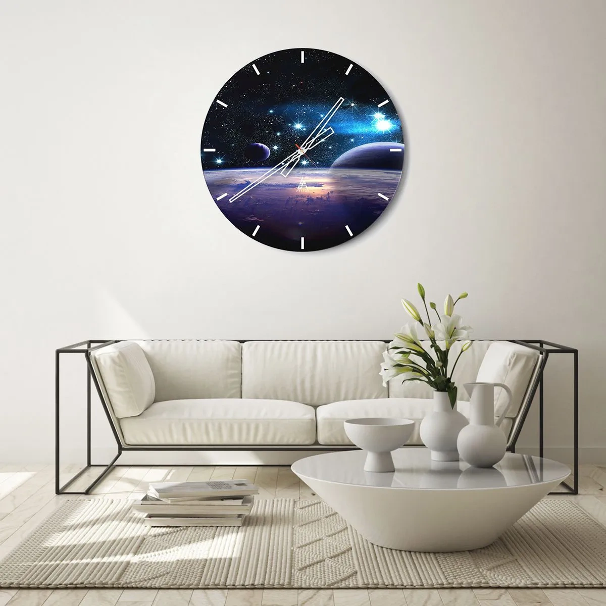 Zegar ścienny - Kosmos z gwiazdami, planetami i powierzchnią planety z atmosferą - 30x30cm - Wciąż sami? - Nowoczesna dekoracja ścienna do salonu, kuchni i sypialni ARTTOR