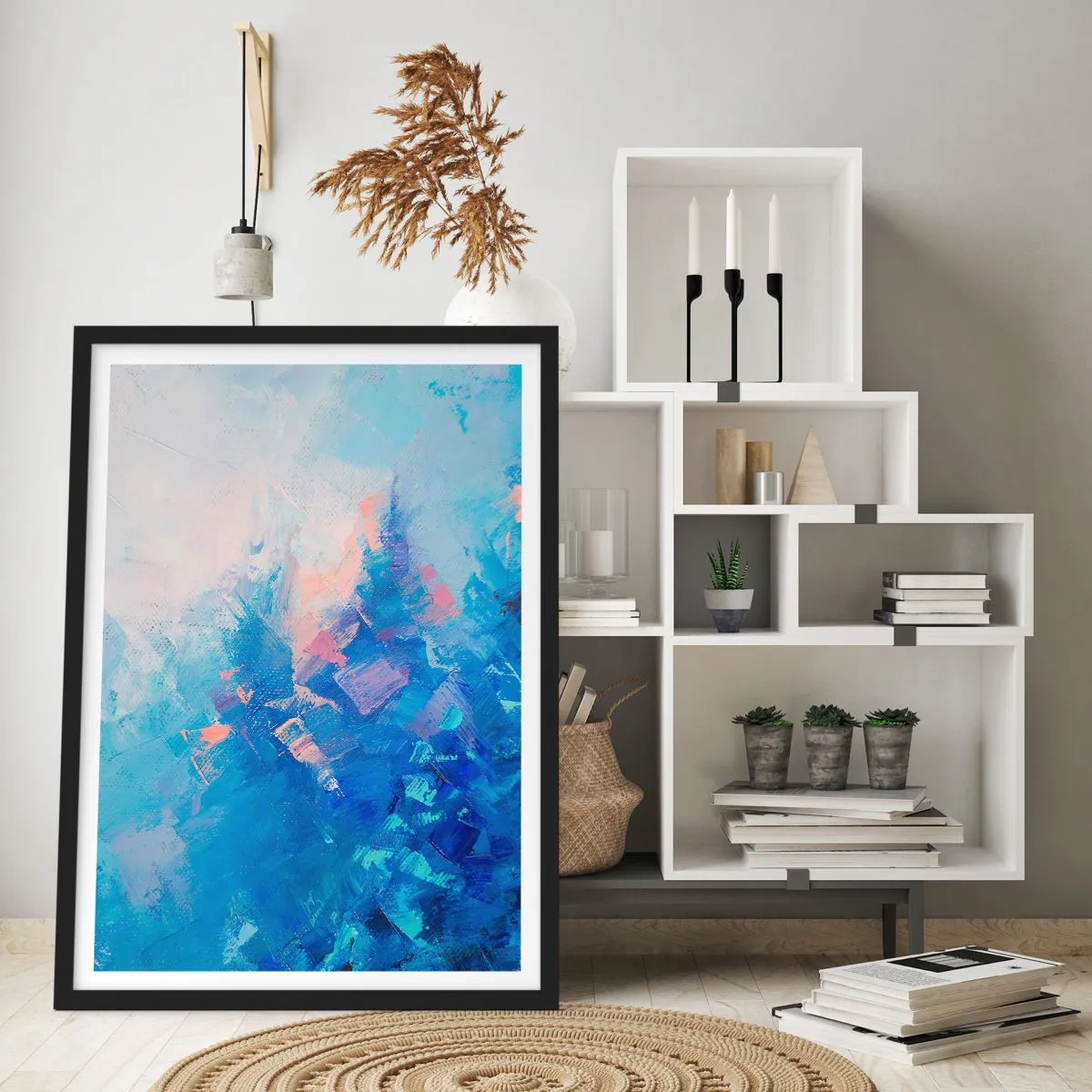 Plakat w czarnej ramie - Abstrakcyjna kompozycja w odcieniach błękitu i różu inspirowana zimowym krajobrazem - 50x70cm - Zimowa abstrakcja - Nowoczesna dekoracja ścienna do salonu i sypialni ARTTOR