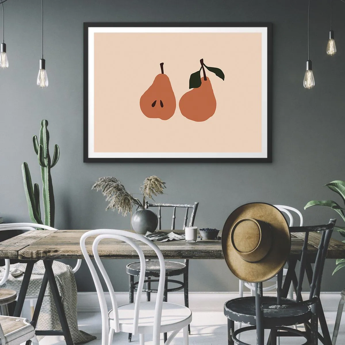 Plakat w czarnej ramie - Minimalistyczna ilustracja dwóch gruszek na beżowym tle - 100x70cm - Sama słodycz - Nowoczesna dekoracja ścienna do salonu i sypialni ARTTOR