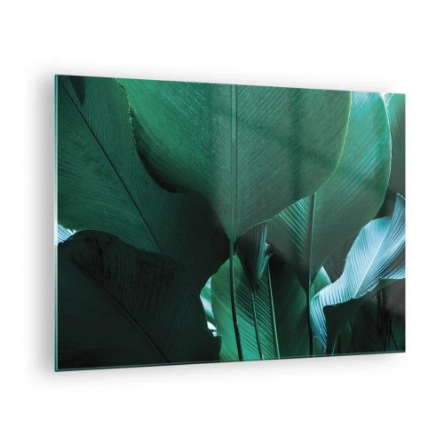 Obraz na szkle - Tropikalne liście w intensywnych odcieniach zieleni - 70x50cm - Zwrócone do światła - Nowoczesna dekoracja ścienna do salonu i sypialni ARTTOR