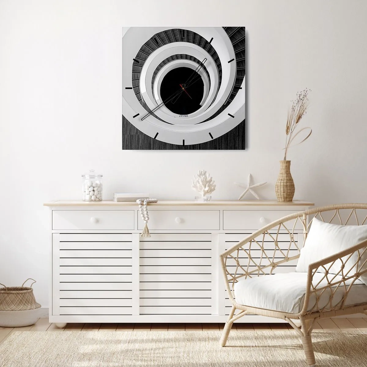 Zegar ścienny - Czarno-biała spirala schodów w nowoczesnym stylu - 30x30cm - Do istoty rzeczy - Nowoczesna dekoracja ścienna do salonu i sypialni ARTTOR