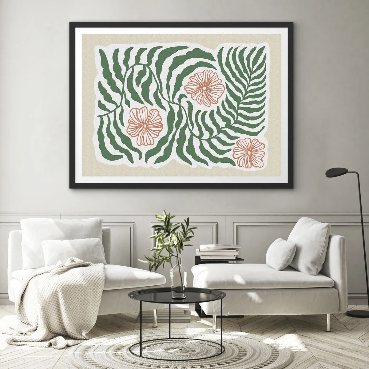 Plakat w czarnej ramie - Minimalistyczny motyw zielonych liści z kwiatami w odcieniach pomarańczowego - 70x50cm - Rozkwitłe w zieleni - Nowoczesna dekoracja ścienna do salonu i sypialni ARTTOR