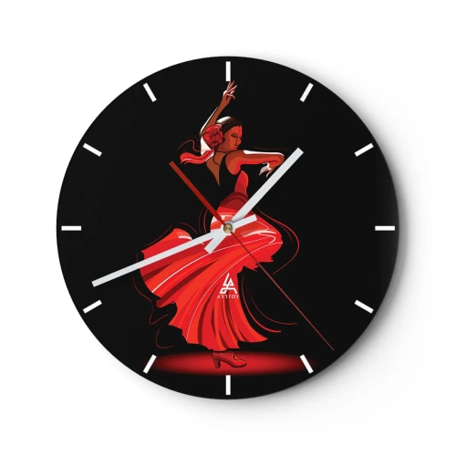Zegar ścienny - Tancerka flamenco w czerwonej sukni na czarnym tle - 30x30cm - Ognisty duch flamenco - Nowoczesna dekoracja ścienna do salonu, kuchni i sypialni ARTTOR