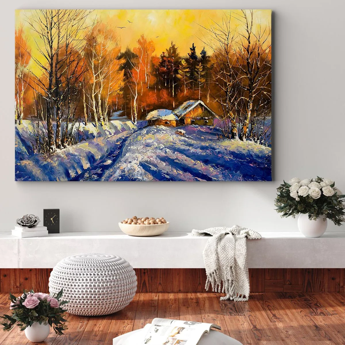 Obraz na płótnie - Zimowy krajobraz z domem w świetle zachodzącego słońca - 70x50cm - Zimowa impresja w słońcu - Nowoczesna dekoracja ścienna do salonu i sypialni ARTTOR