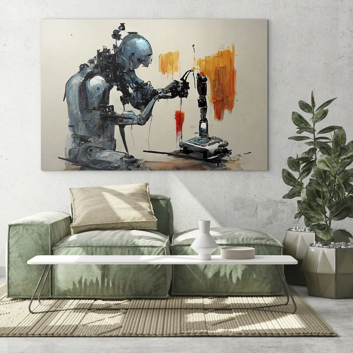 Obraz na szkle - Robot malujący mechaniczną rękę na abstrakcyjnym tle - 70x50cm - Już jutro… - Nowoczesna dekoracja ścienna do salonu i sypialni ARTTOR