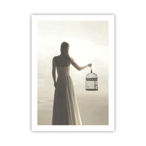 Plakat - Kobieta z klatką na tle zamglonego krajobrazu - 50x70cm - Bądź wolna - Nowoczesna dekoracja ścienna do salonu, kuchni i sypialni ARTTOR
