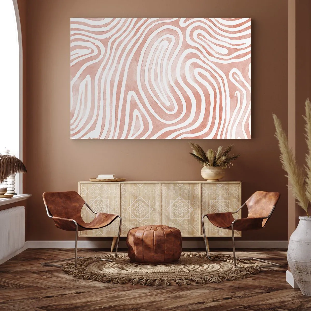 Obraz na płótnie - Abstrakcyjny wzór w odcieniach różu i bieli - 70x50cm - W koralowym labiryncie - Nowoczesna dekoracja ścienna do salonu i sypialni ARTTOR