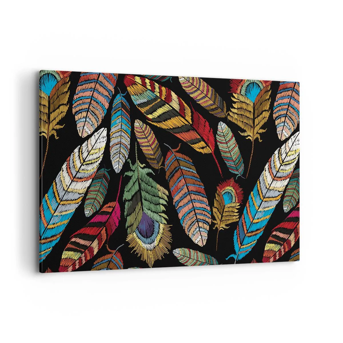 Obraz na płótnie - Kolorowe pióra na czarnym tle - 100x70cm - Ptasi karnawał - Nowoczesna dekoracja ścienna do salonu, kuchni i sypialni ARTTOR