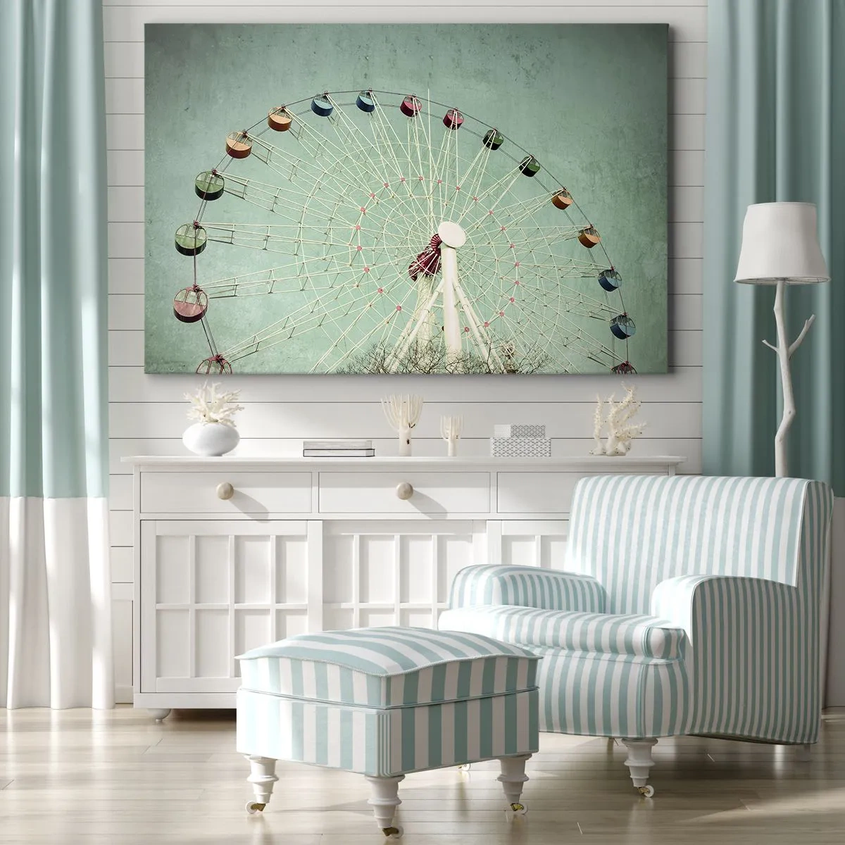Obraz na płótnie - Kolorowy diabelski młyn na tle błękitnego nieba w stylu retro - 70x50cm - Zapraszamy do zabawy - Nowoczesna dekoracja ścienna do salonu i sypialni ARTTOR